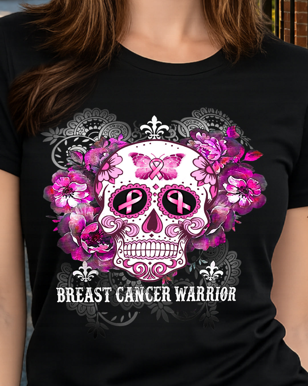 H5 - Breast Cancer Warrior Skull Flower Cancer Survivor Awareness T-Shirt