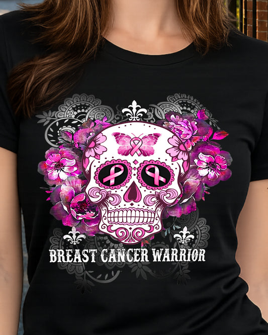 H5 - Breast Cancer Warrior Skull Flower Cancer Survivor Awareness T-Shirt