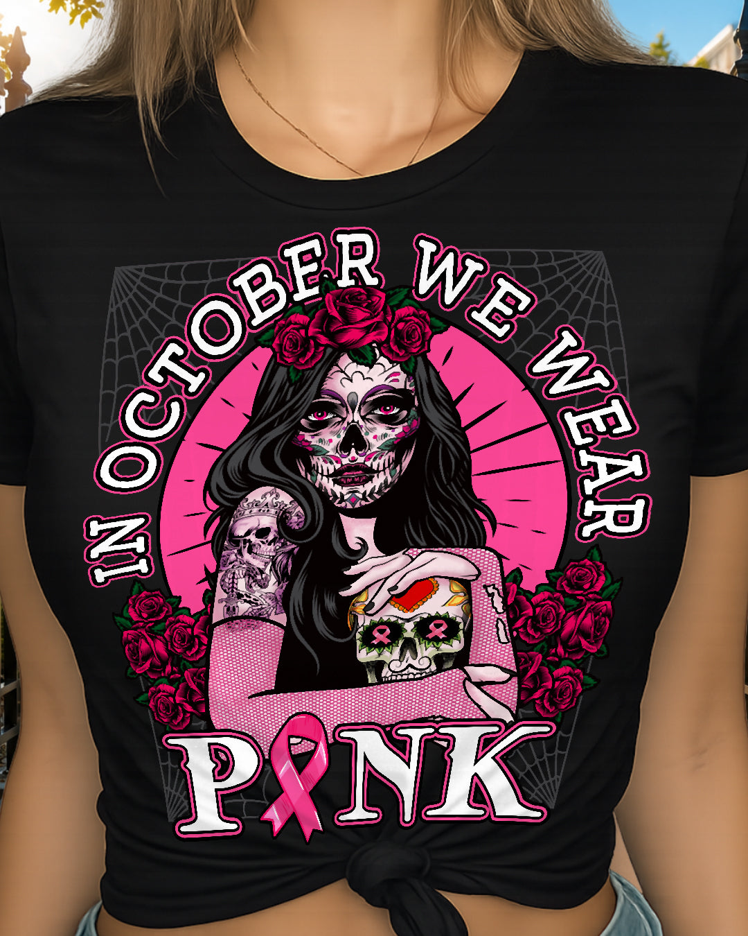 H8 - In October We Wear Pink Breast Cancer Awareness Skull Womens T-Shirt