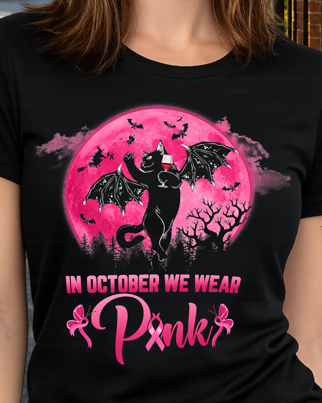 H9 - In October We Wear Pink Funny Cat Halloween Breast Cancer T-Shirt