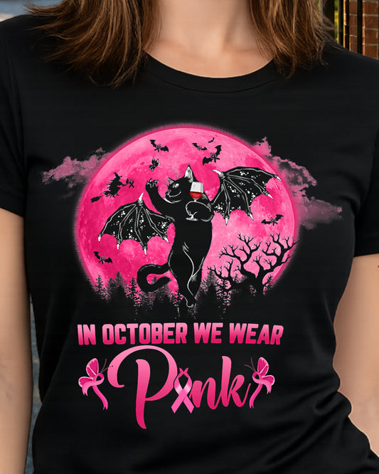 H9 - In October We Wear Pink Funny Cat Halloween Breast Cancer T-Shirt