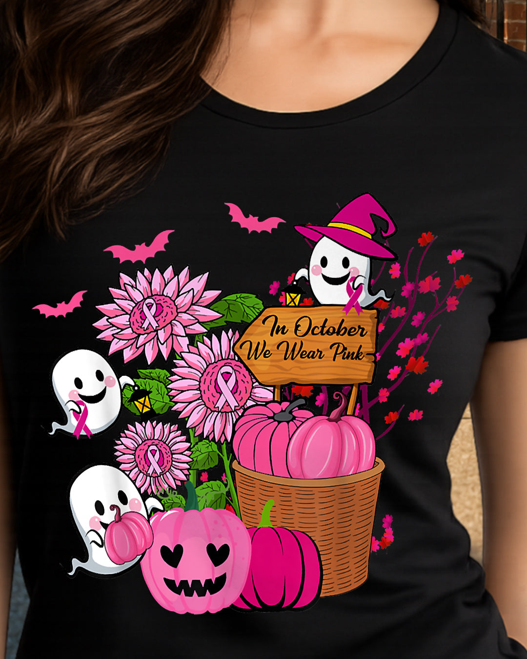 H10 - In October We Wear Pink Ghosts _amp_ Pumpkins For Breast Cancer T-Shirt