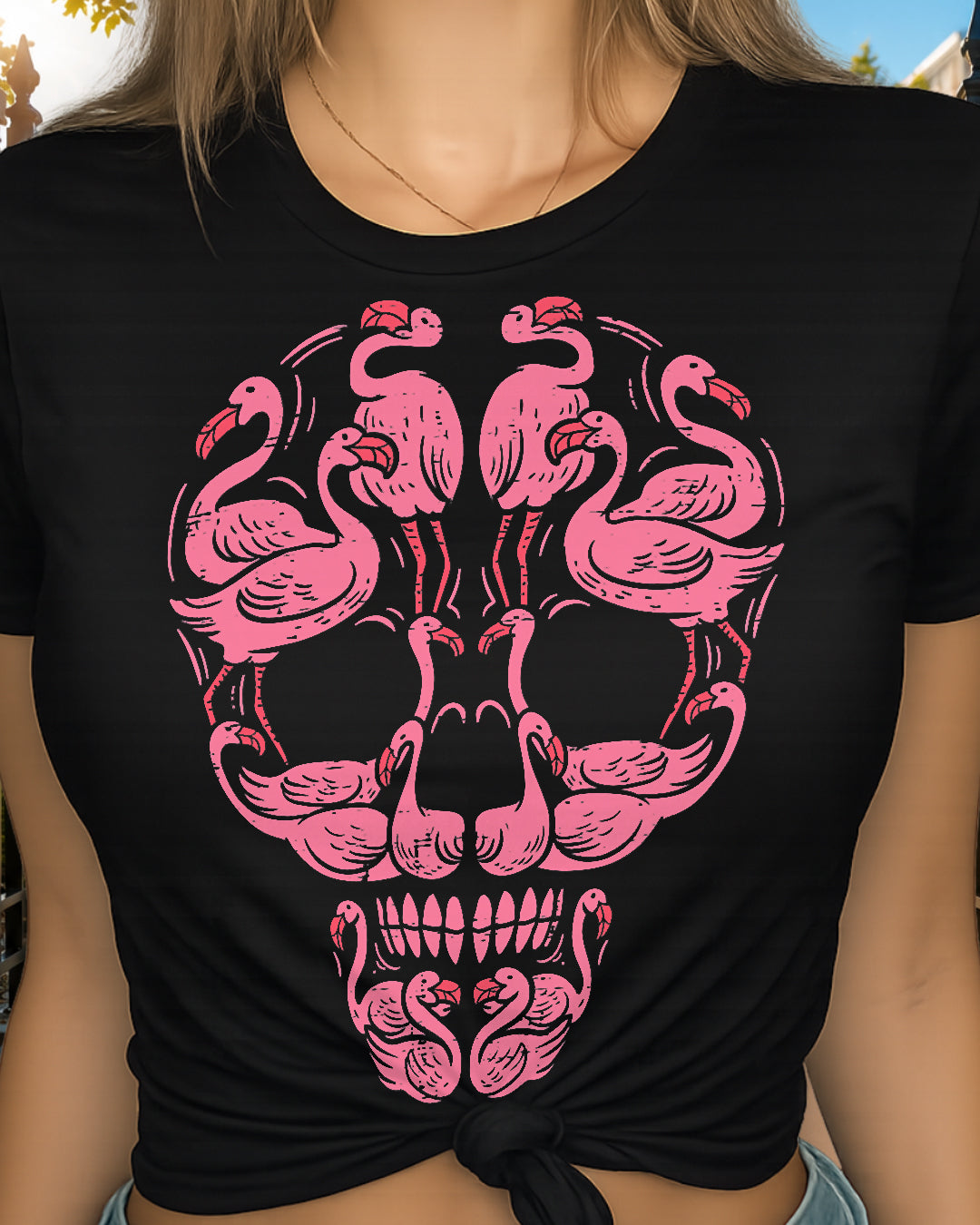 H12 - Pink Flamingo Skull Breast Cancer Awareness Halloween Women T-Shirt