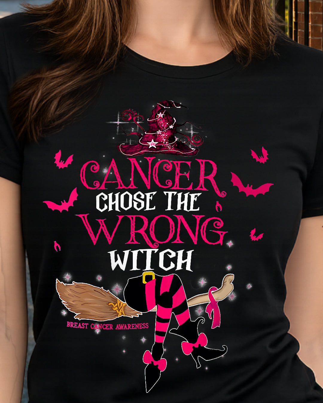 H13 - Womens Breast Cancer Chose The Wrong Witch Breast Cancer Halloween T-Shirt