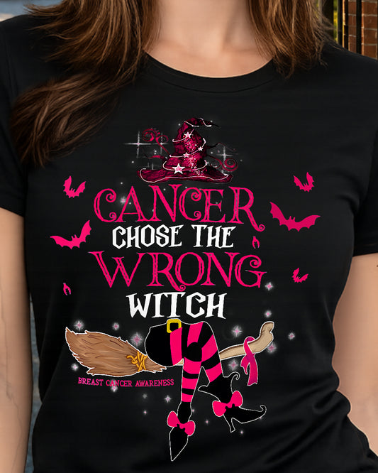 H13 - Womens Breast Cancer Chose The Wrong Witch Breast Cancer Halloween T-Shirt