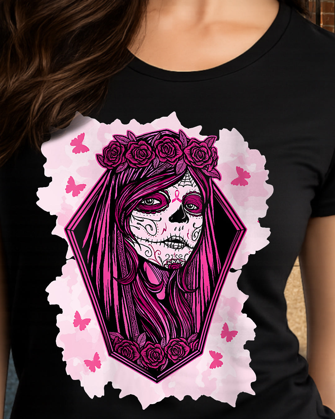 H14 - Womens Sugar Skull Breast Cancer Awareness Tee Support Squad T-Shirt