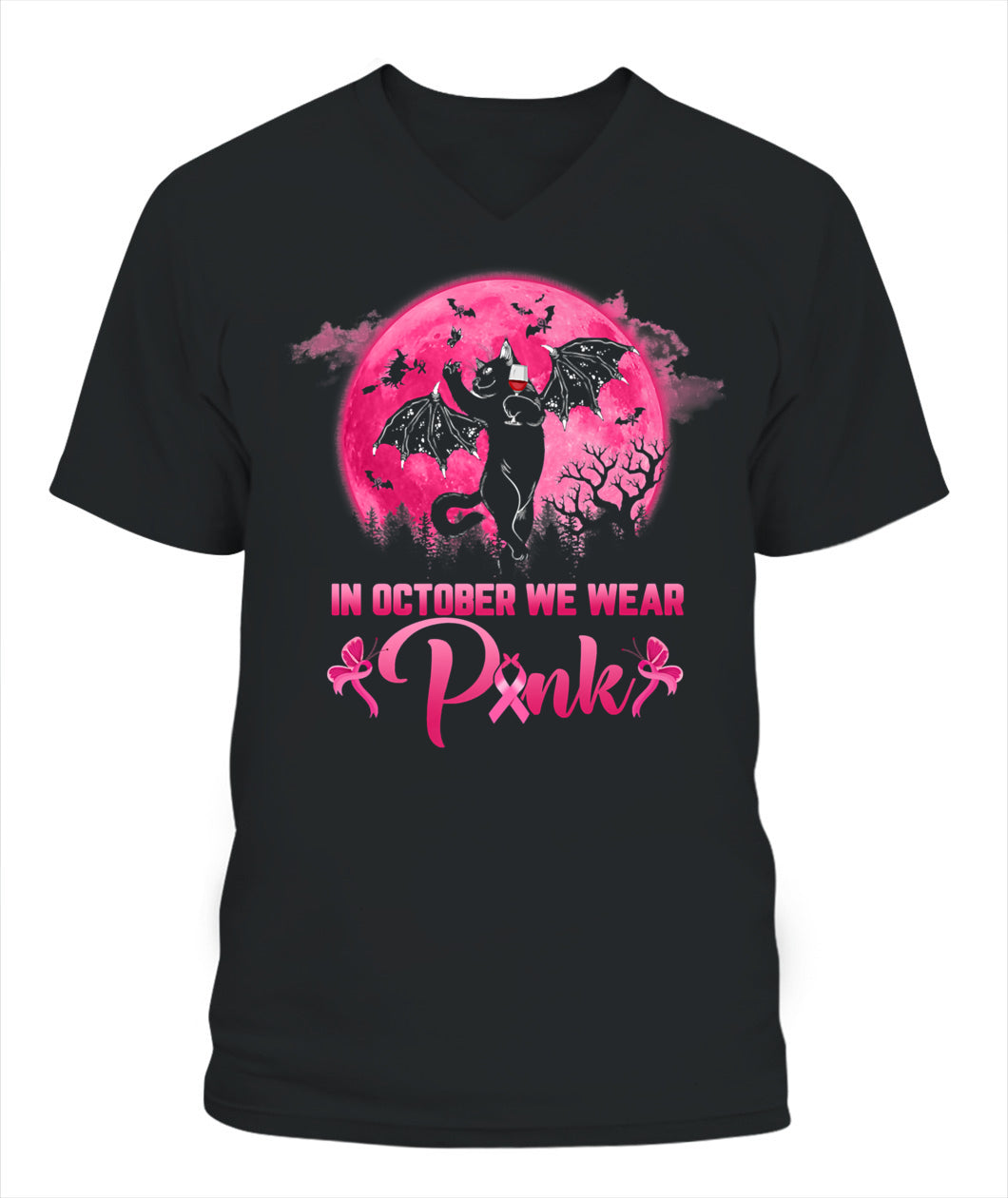 H9 - In October We Wear Pink Funny Cat Halloween Breast Cancer T-Shirt