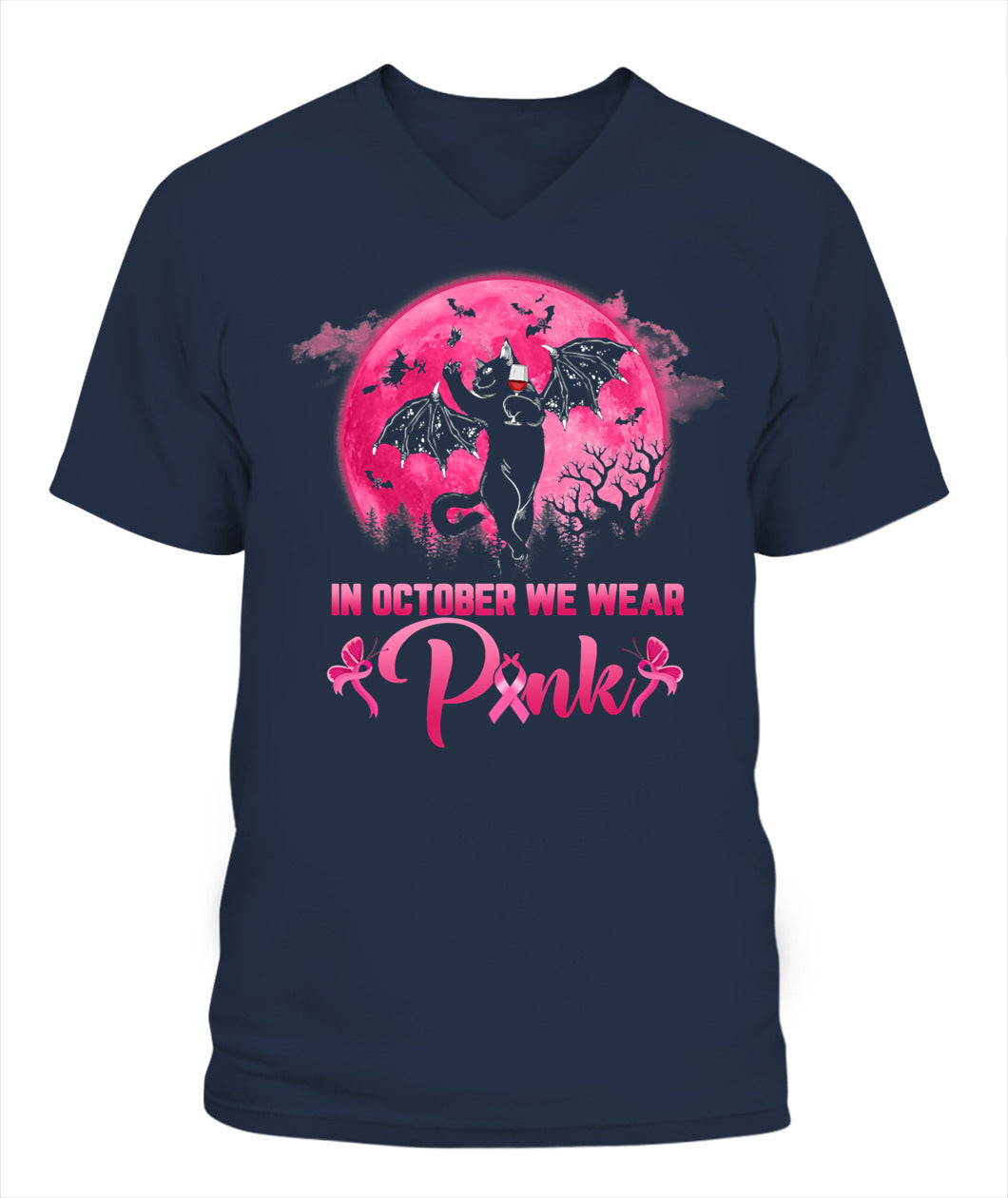 H9 - In October We Wear Pink Funny Cat Halloween Breast Cancer T-Shirt