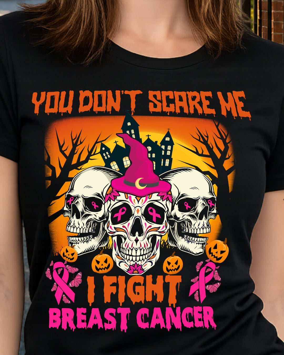H15 - You Dont Scare Me I Fight Breast Cancer Funny Cool Halloween Pink Ribbon T-Shirt