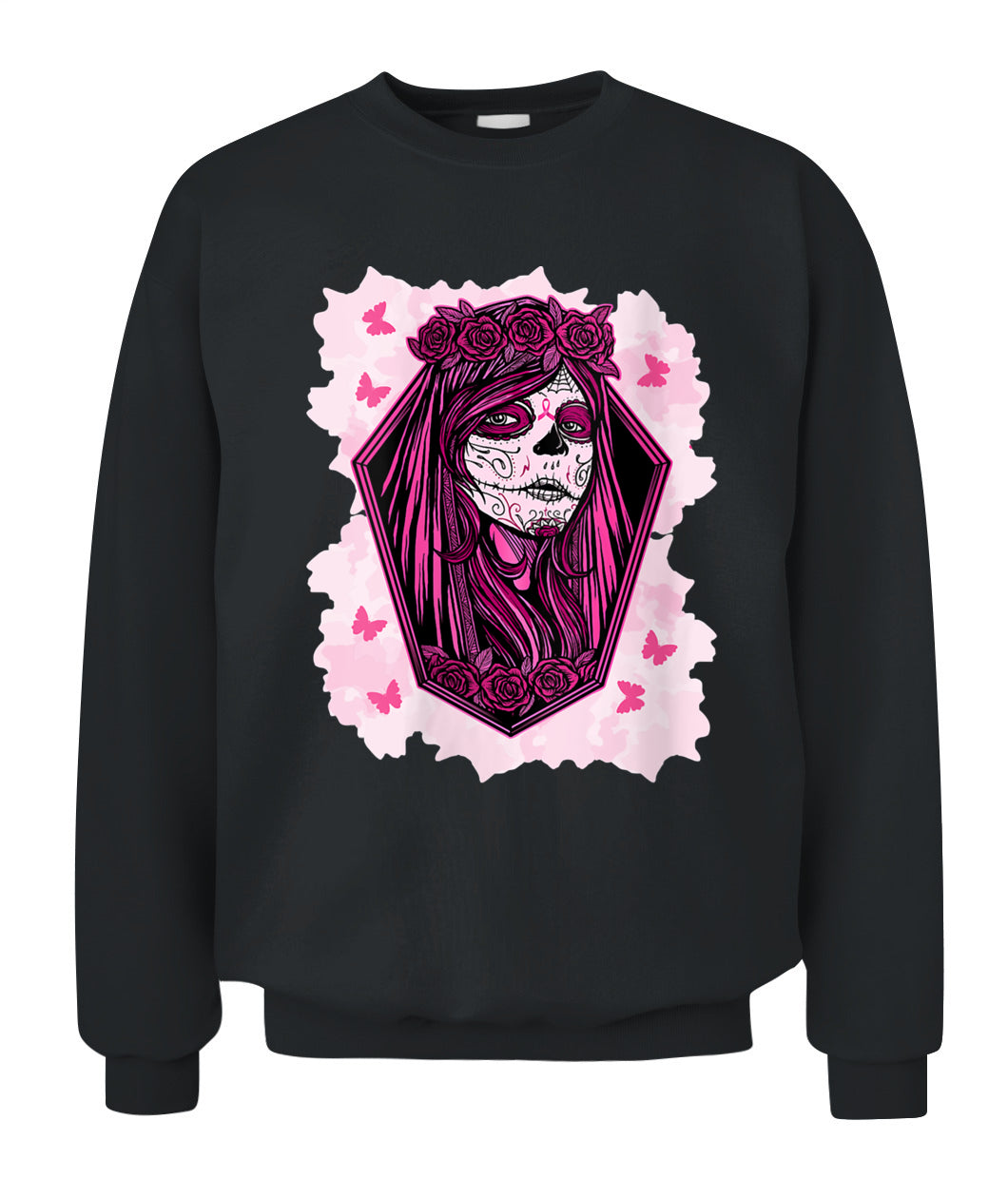 H14 - Womens Sugar Skull Breast Cancer Awareness Tee Support Squad T-Shirt