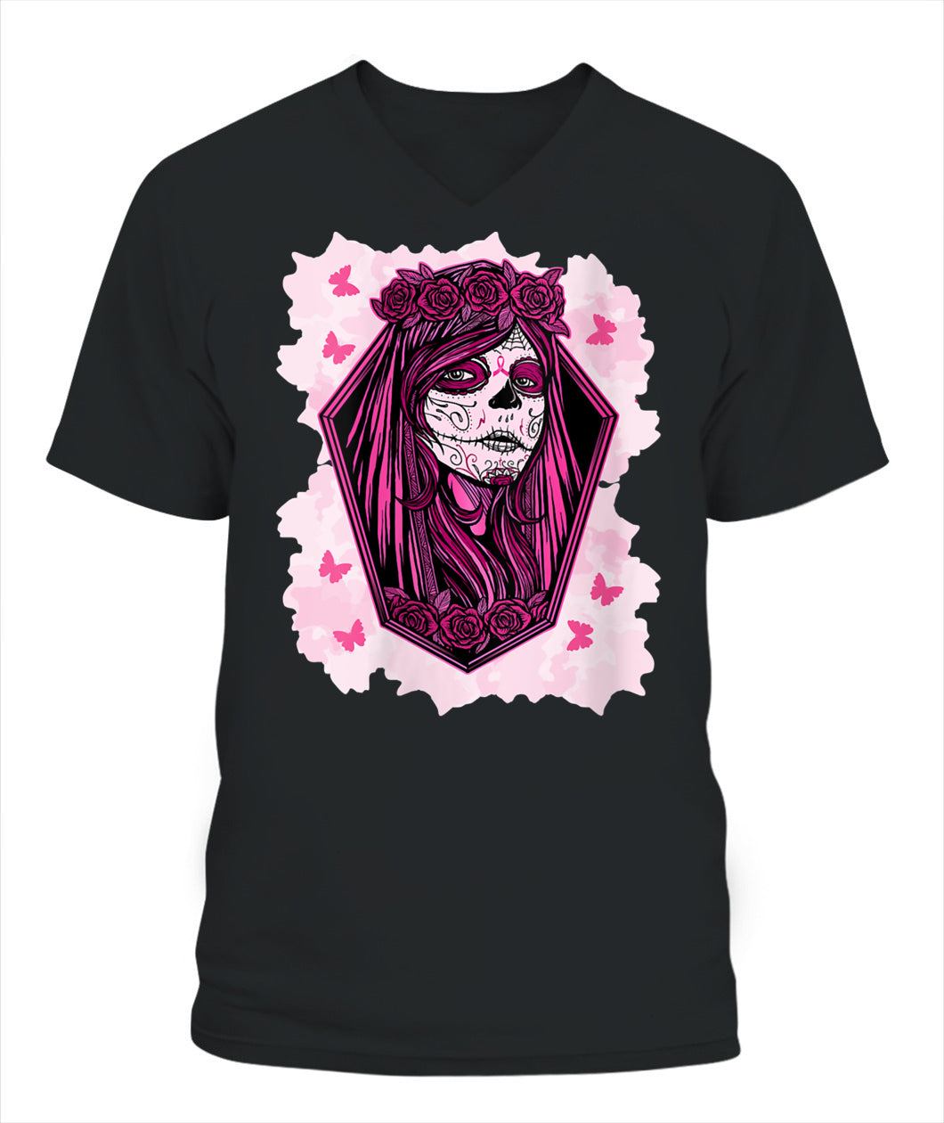 H14 - Womens Sugar Skull Breast Cancer Awareness Tee Support Squad T-Shirt