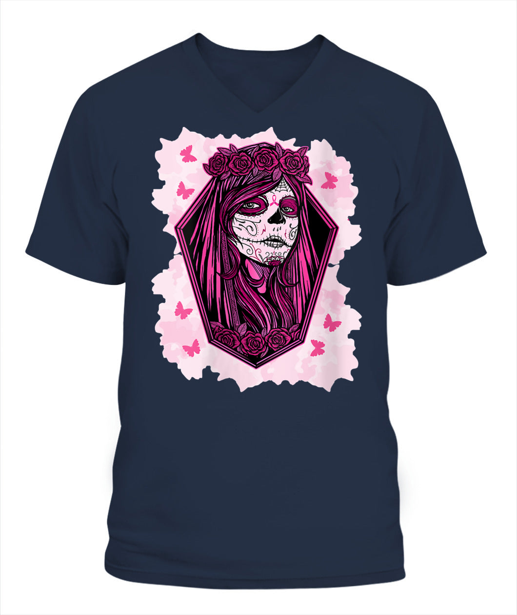 H14 - Womens Sugar Skull Breast Cancer Awareness Tee Support Squad T-Shirt