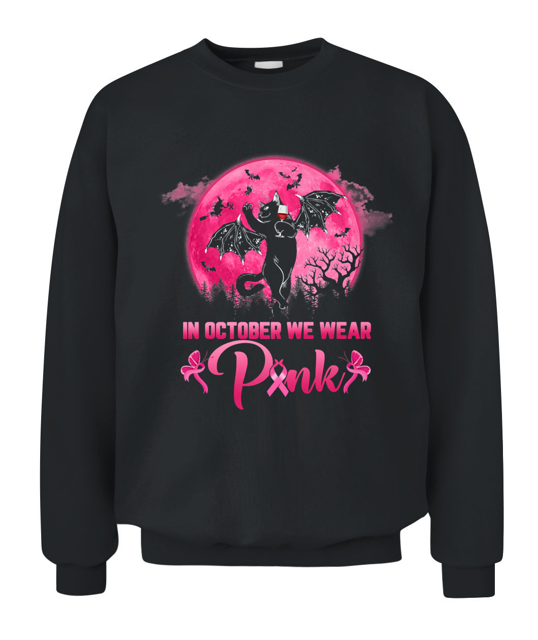 H9 - In October We Wear Pink Funny Cat Halloween Breast Cancer T-Shirt