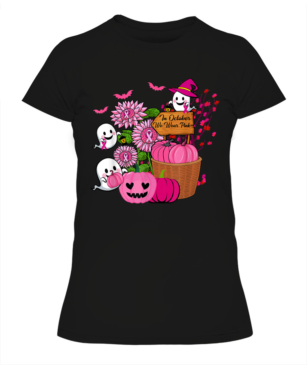 H10 - In October We Wear Pink Ghosts _amp_ Pumpkins For Breast Cancer T-Shirt