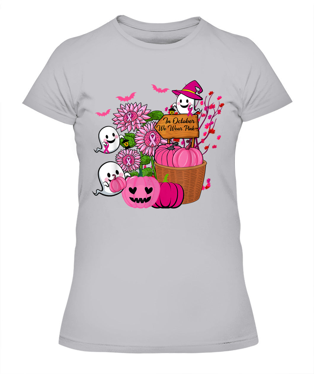 H10 - In October We Wear Pink Ghosts _amp_ Pumpkins For Breast Cancer T-Shirt