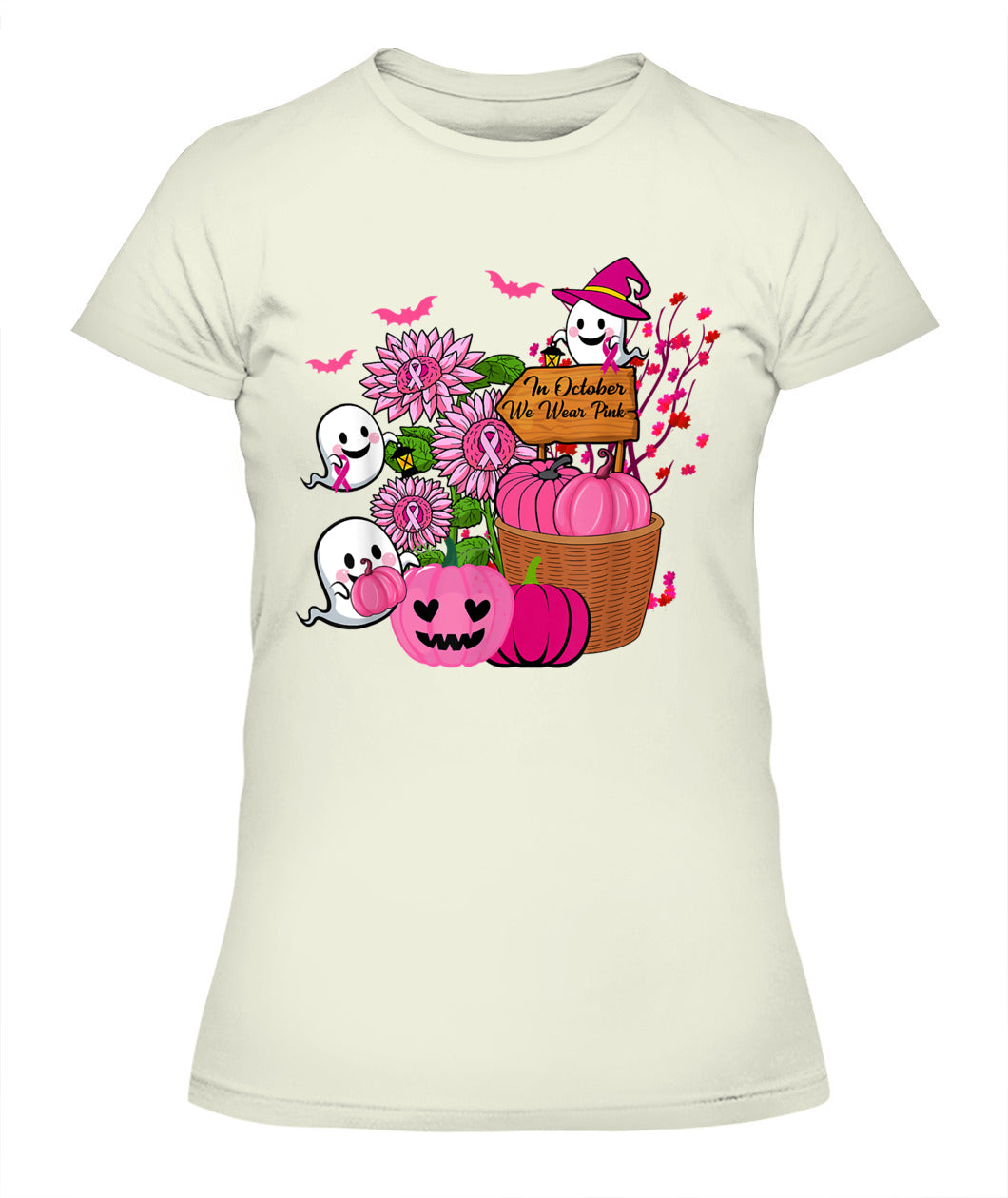 H10 - In October We Wear Pink Ghosts _amp_ Pumpkins For Breast Cancer T-Shirt