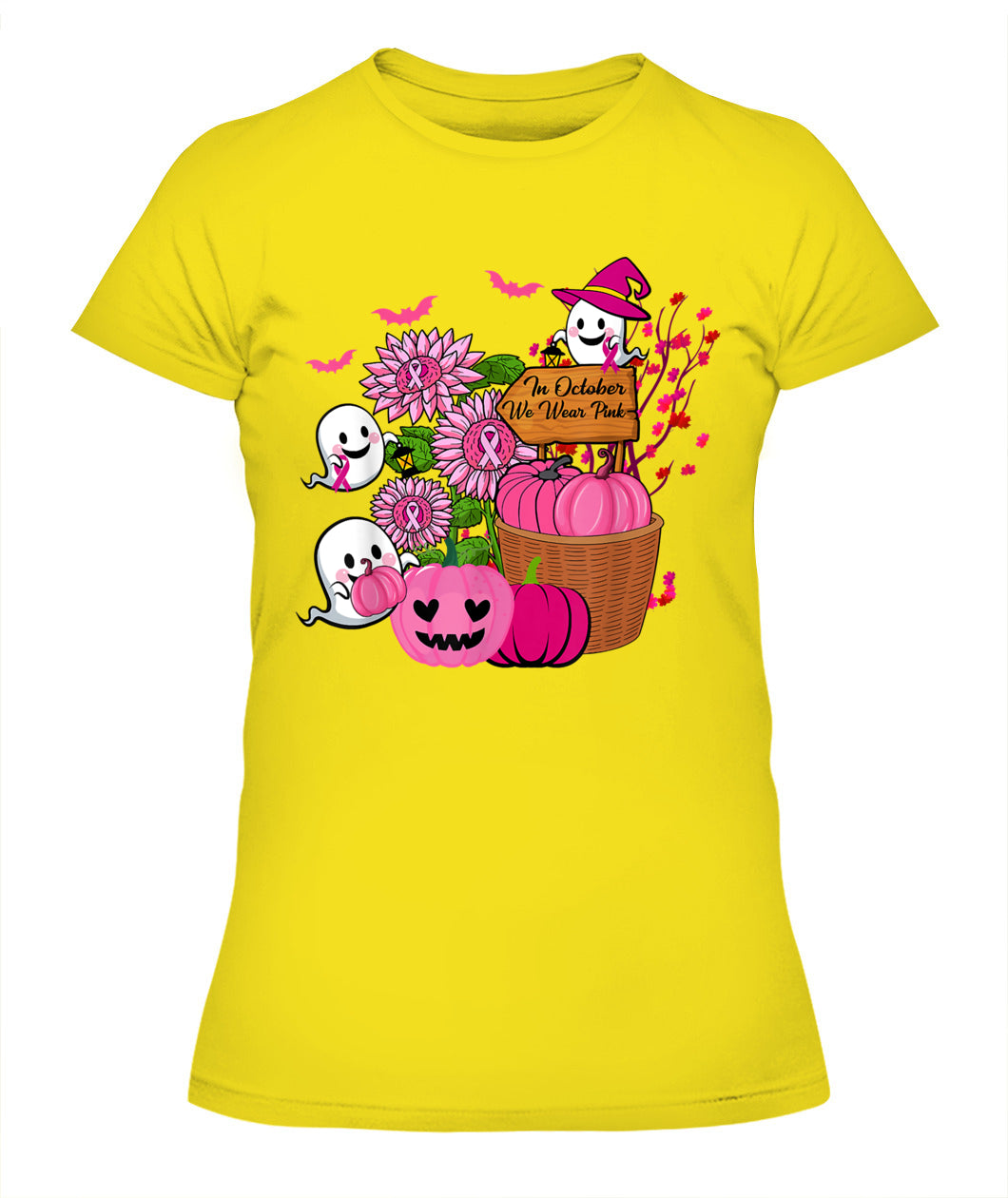 H10 - In October We Wear Pink Ghosts _amp_ Pumpkins For Breast Cancer T-Shirt