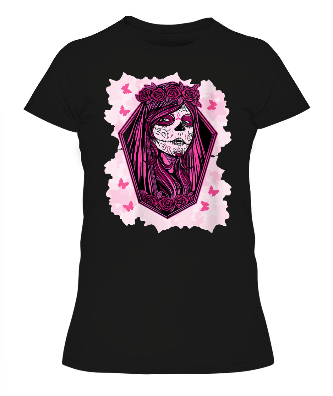 H14 - Womens Sugar Skull Breast Cancer Awareness Tee Support Squad T-Shirt