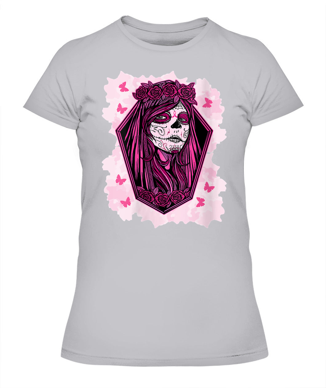 H14 - Womens Sugar Skull Breast Cancer Awareness Tee Support Squad T-Shirt