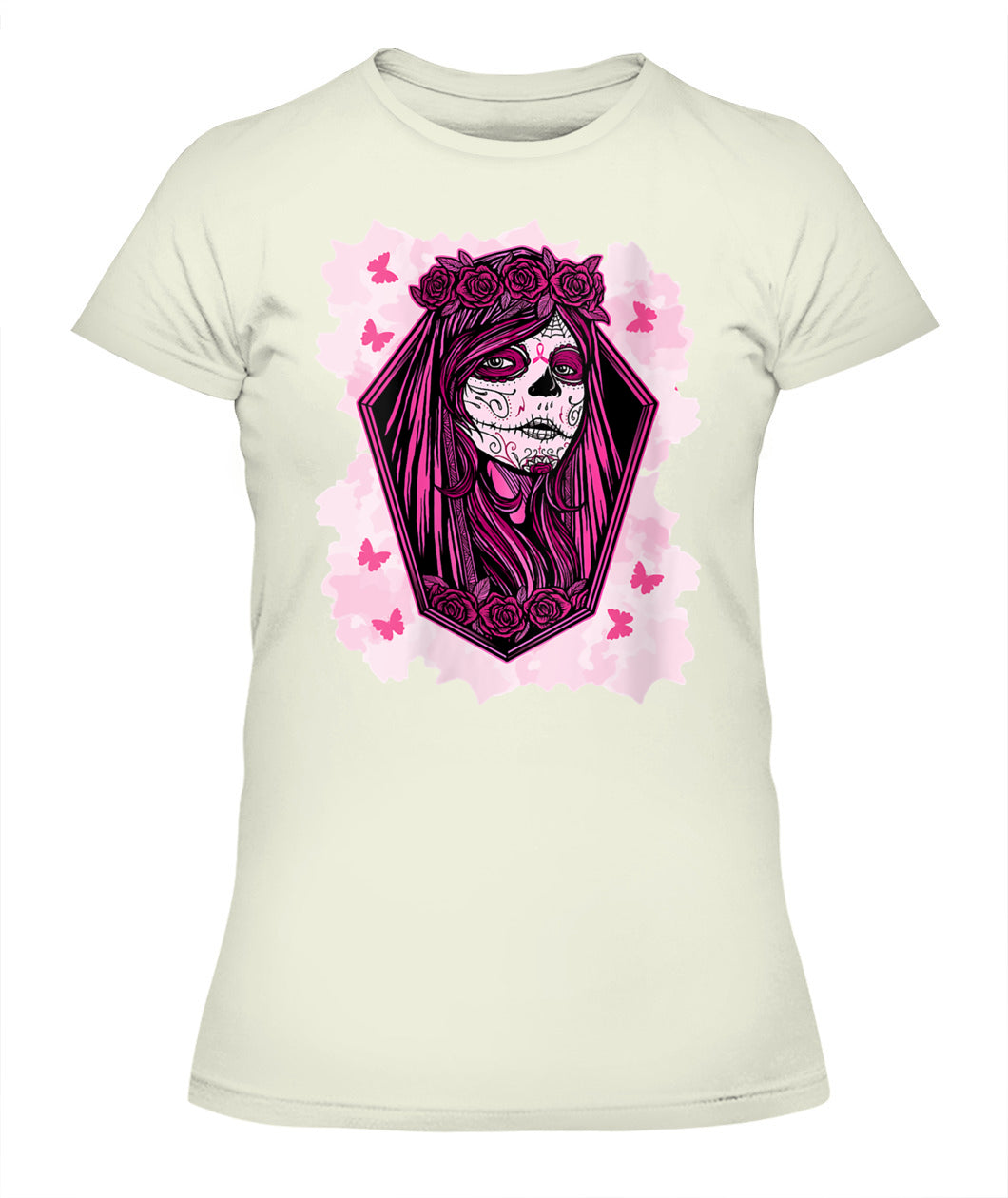 H14 - Womens Sugar Skull Breast Cancer Awareness Tee Support Squad T-Shirt