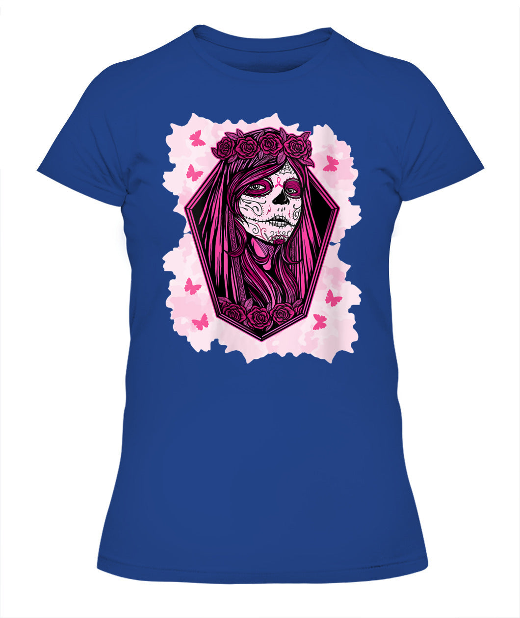 H14 - Womens Sugar Skull Breast Cancer Awareness Tee Support Squad T-Shirt