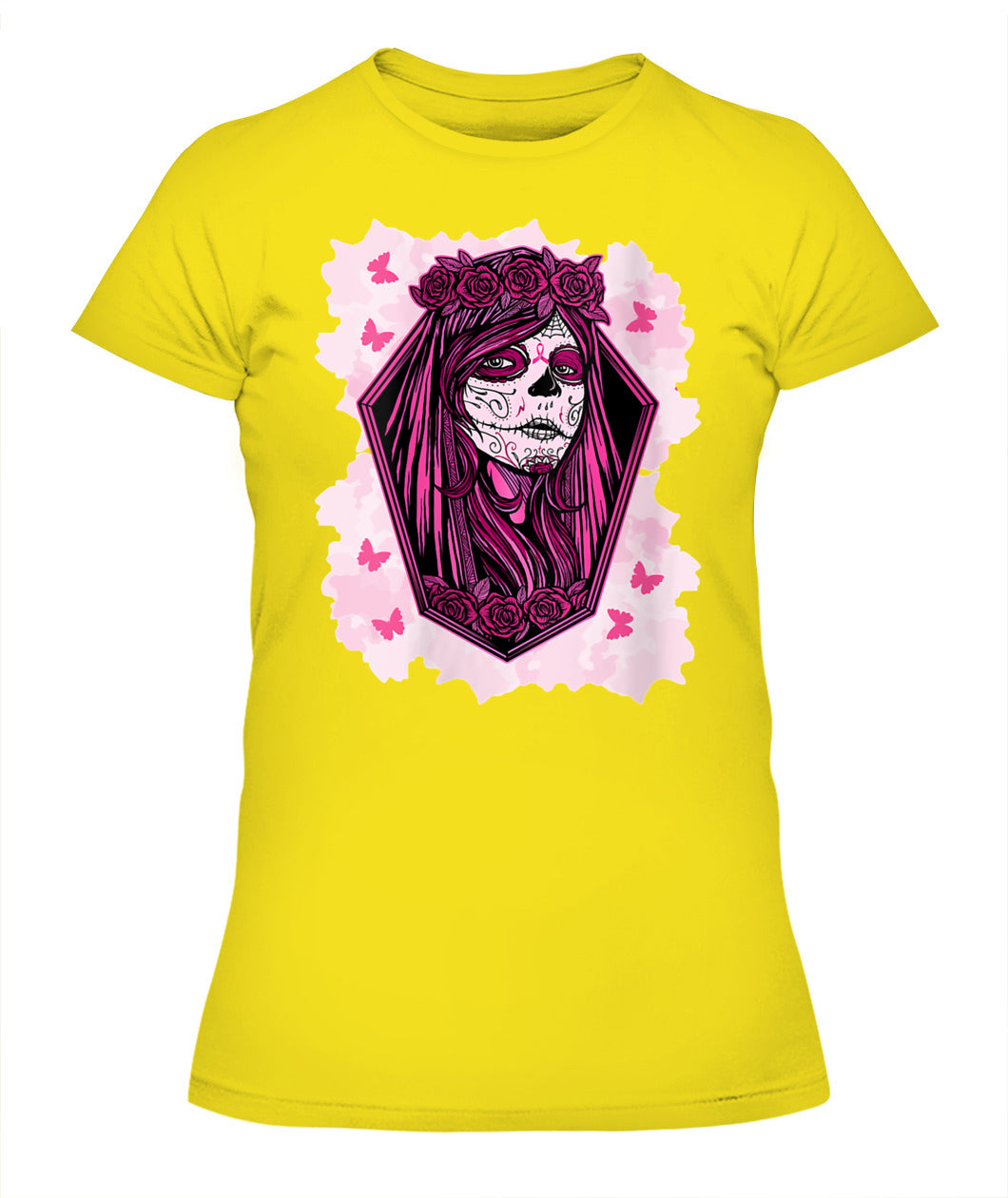 H14 - Womens Sugar Skull Breast Cancer Awareness Tee Support Squad T-Shirt
