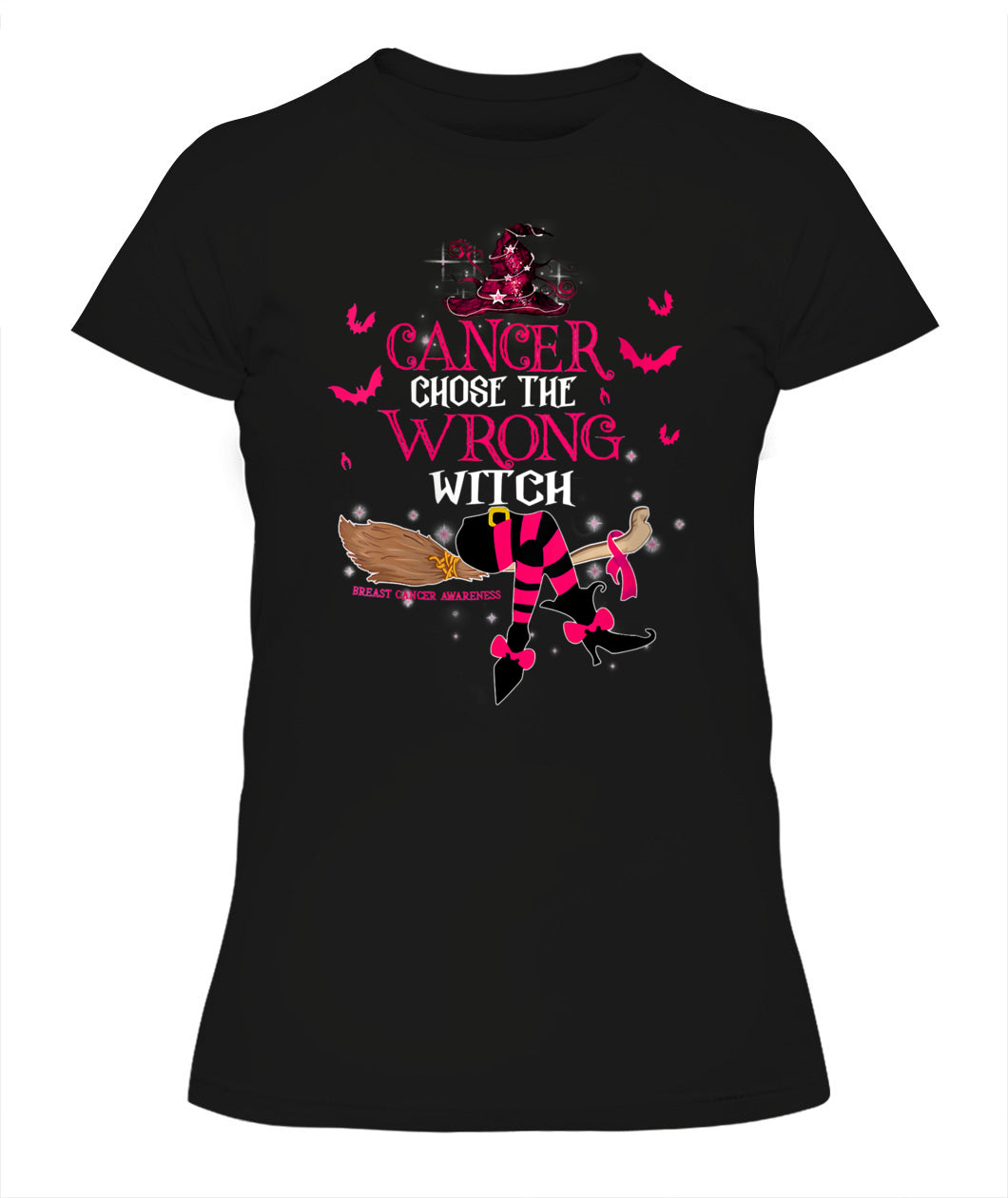 H13 - Womens Breast Cancer Chose The Wrong Witch Breast Cancer Halloween T-Shirt