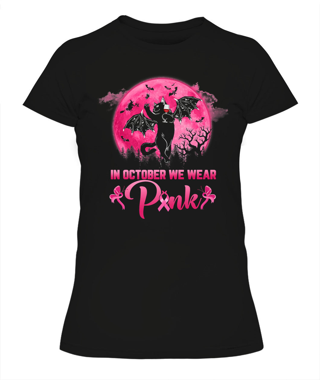 H9 - In October We Wear Pink Funny Cat Halloween Breast Cancer T-Shirt