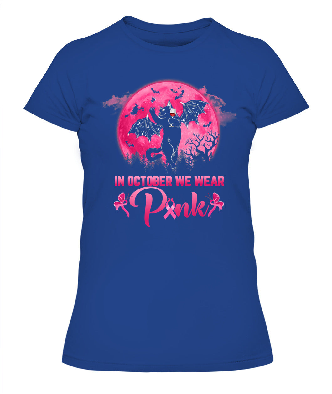 H9 - In October We Wear Pink Funny Cat Halloween Breast Cancer T-Shirt