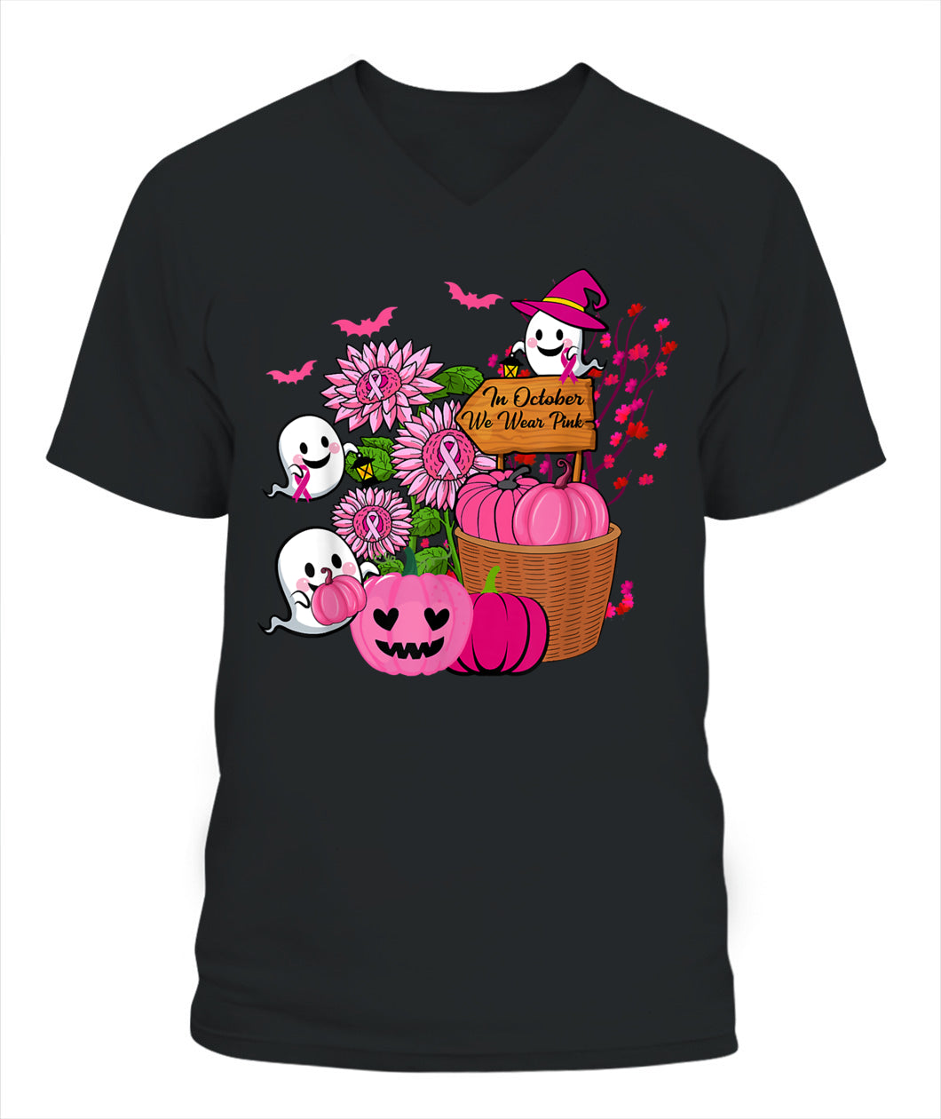 H10 - In October We Wear Pink Ghosts _amp_ Pumpkins For Breast Cancer T-Shirt