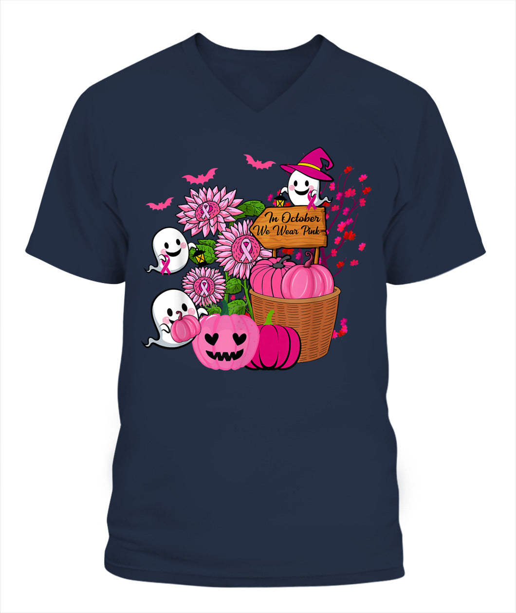 H10 - In October We Wear Pink Ghosts _amp_ Pumpkins For Breast Cancer T-Shirt