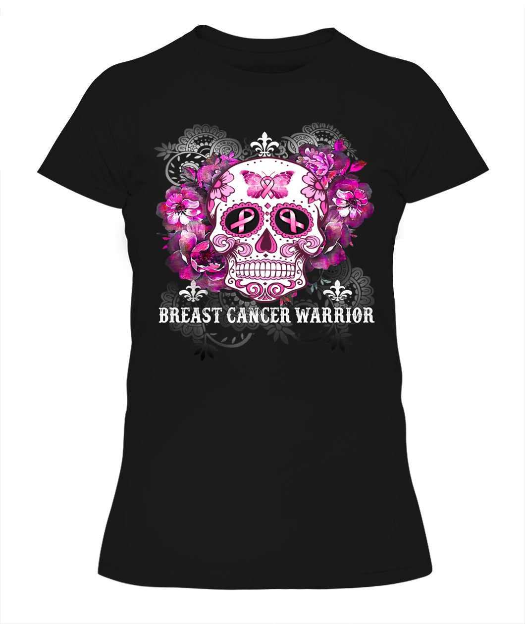 H5 - Breast Cancer Warrior Skull Flower Cancer Survivor Awareness T-Shirt