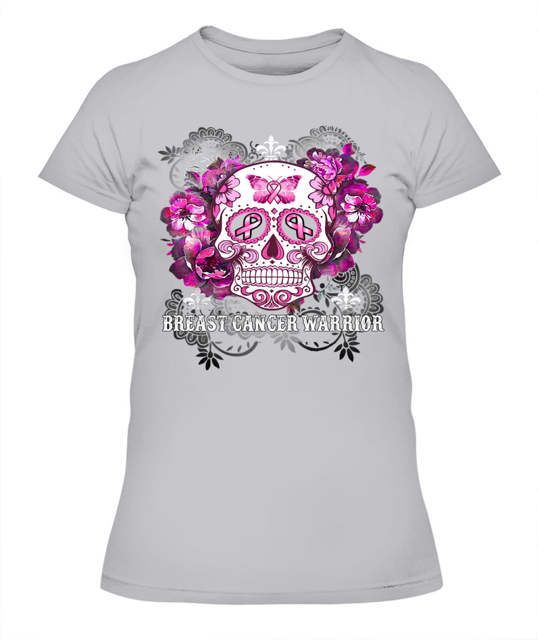 H5 - Breast Cancer Warrior Skull Flower Cancer Survivor Awareness T-Shirt
