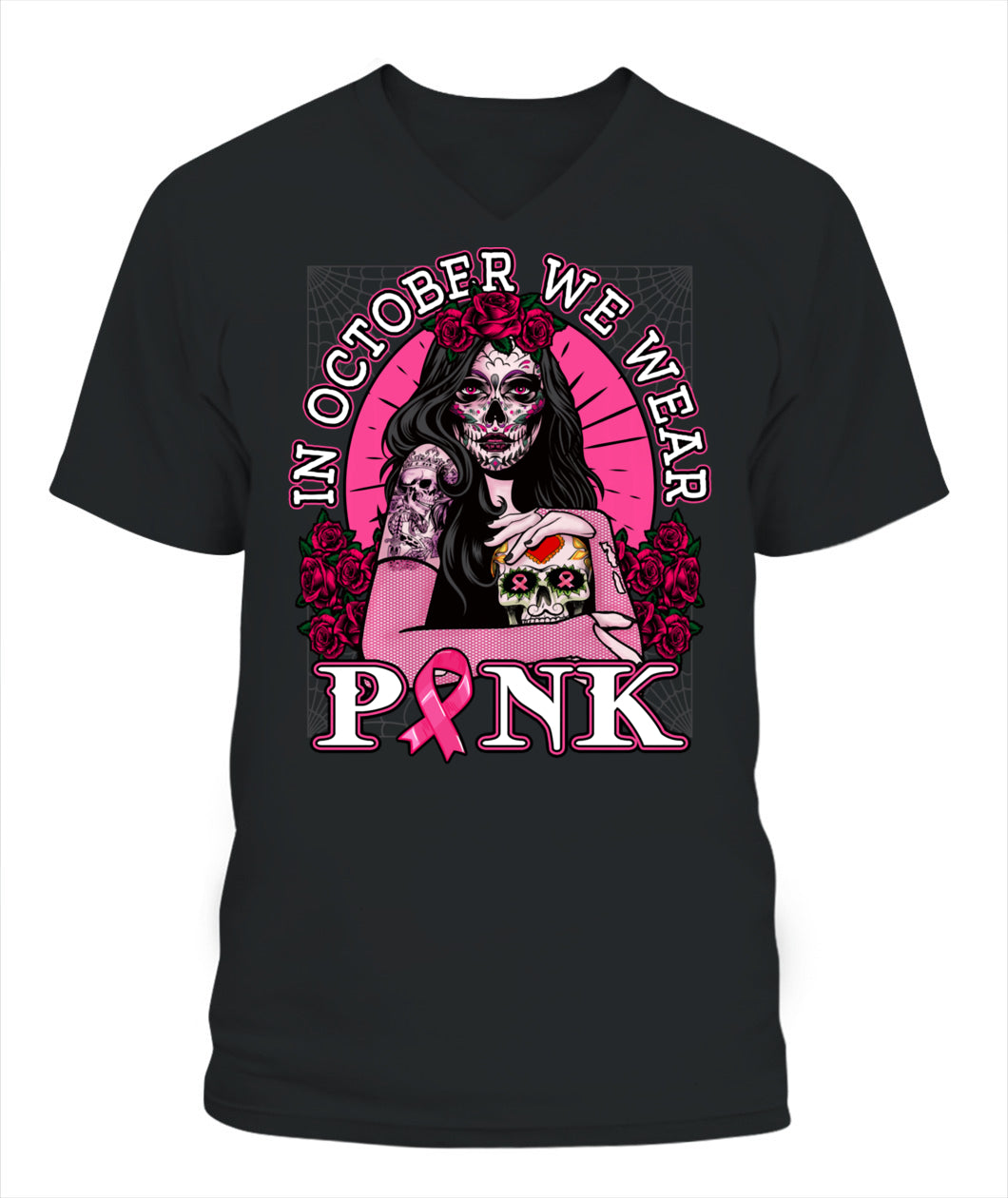 H8 - In October We Wear Pink Breast Cancer Awareness Skull Womens T-Shirt
