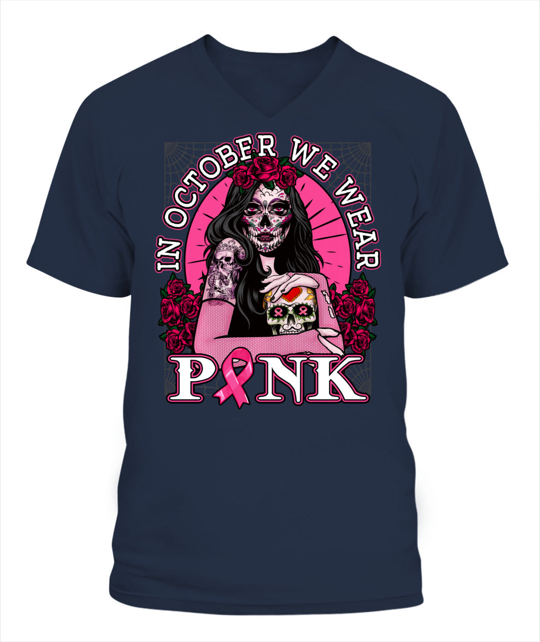 H8 - In October We Wear Pink Breast Cancer Awareness Skull Womens T-Shirt