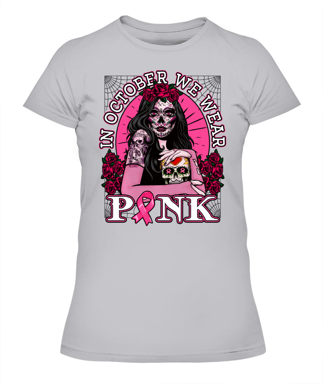 H8 - In October We Wear Pink Breast Cancer Awareness Skull Womens T-Shirt