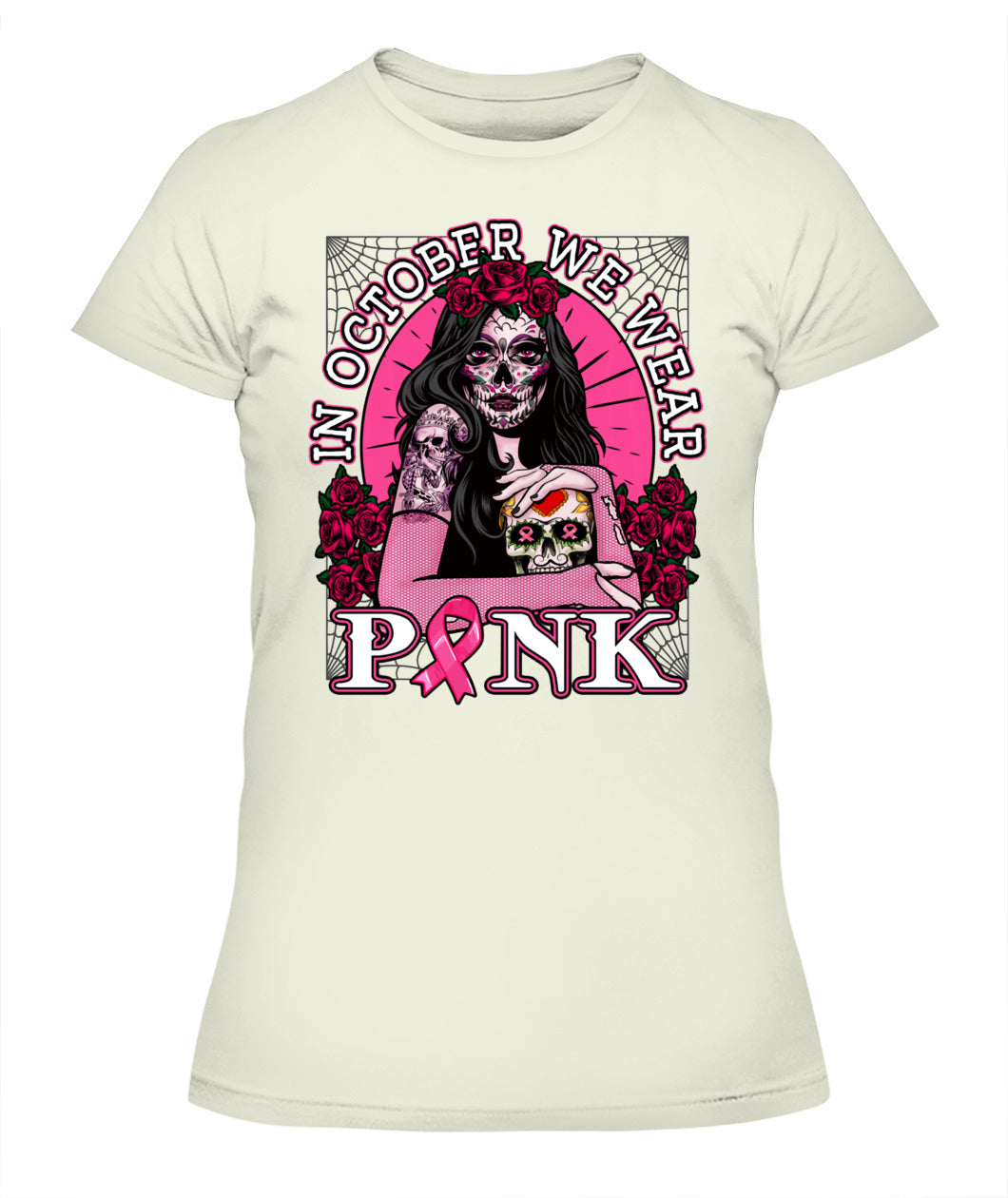H8 - In October We Wear Pink Breast Cancer Awareness Skull Womens T-Shirt