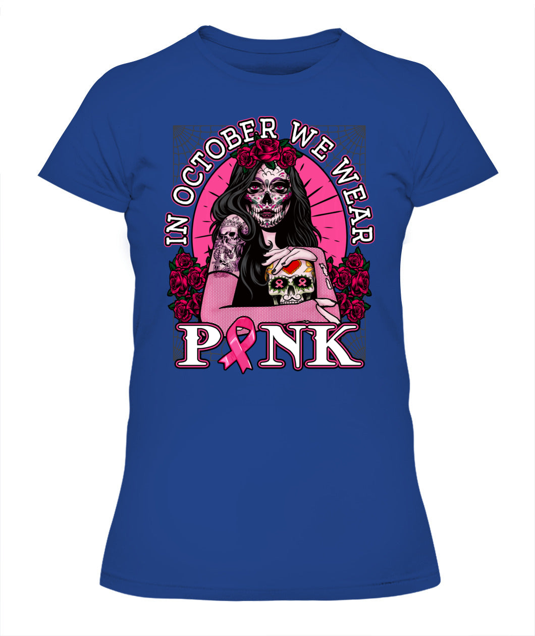 H8 - In October We Wear Pink Breast Cancer Awareness Skull Womens T-Shirt