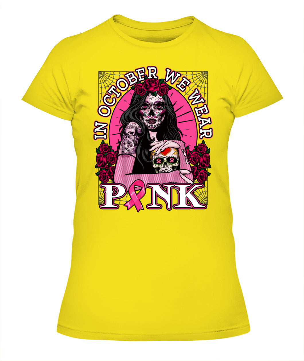 H8 - In October We Wear Pink Breast Cancer Awareness Skull Womens T-Shirt