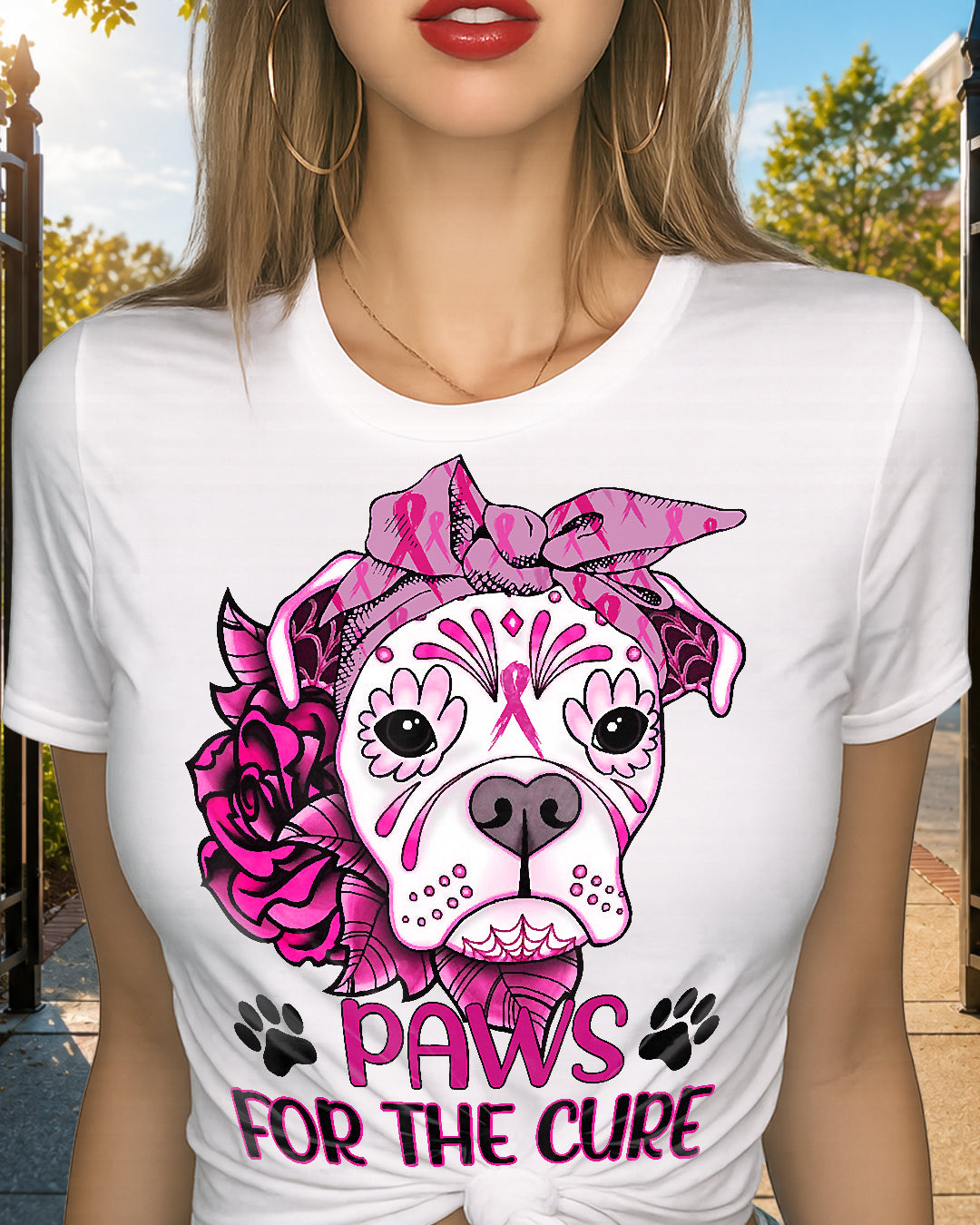 D6-Paws For The Cure Pitbull Dog Breast Cancer Awareness Fitted T-Shirt