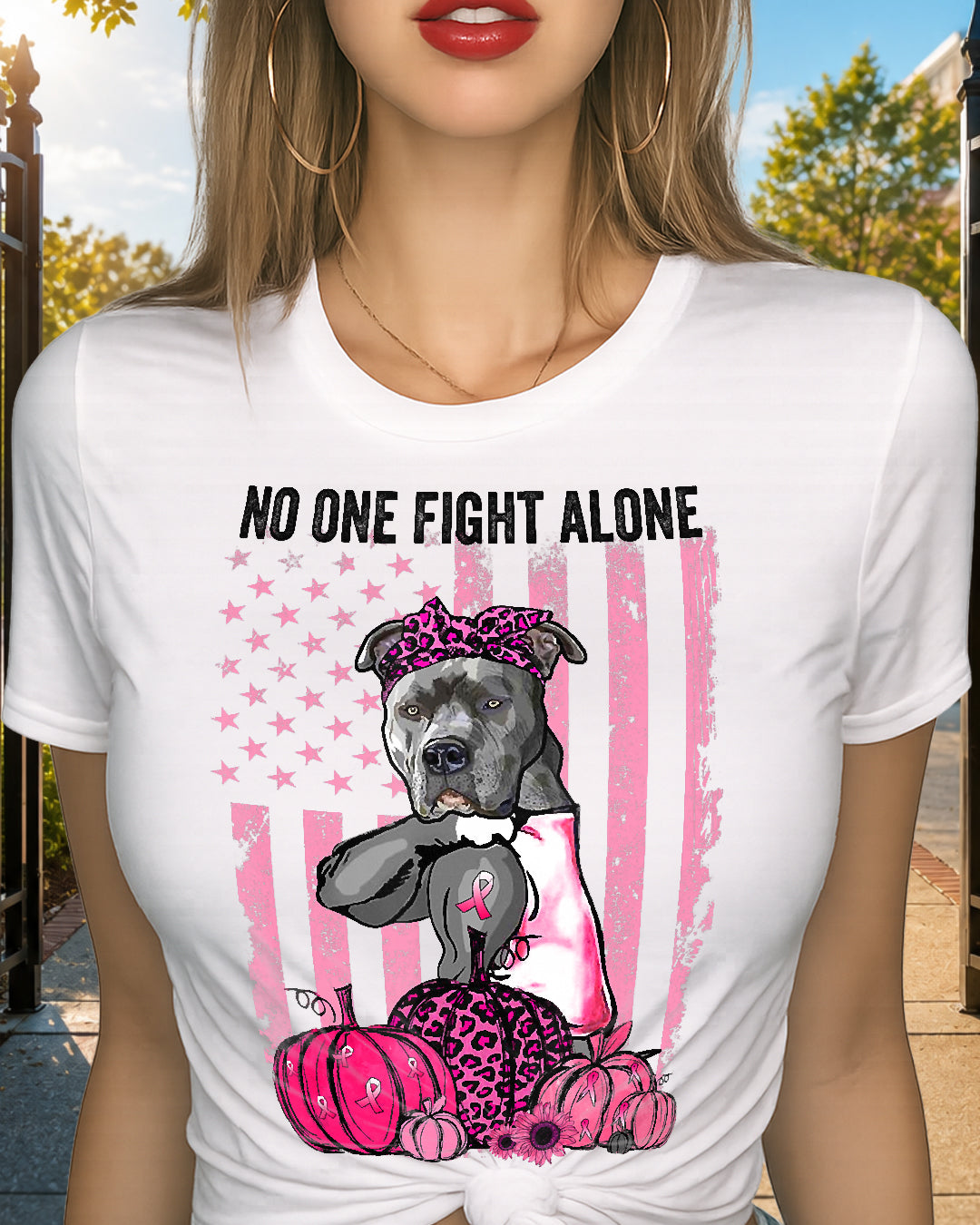D13-Pumpkin American Dog Cancer Pitbull Pink October Breast Flag-W1mDV Classic T-Shirt