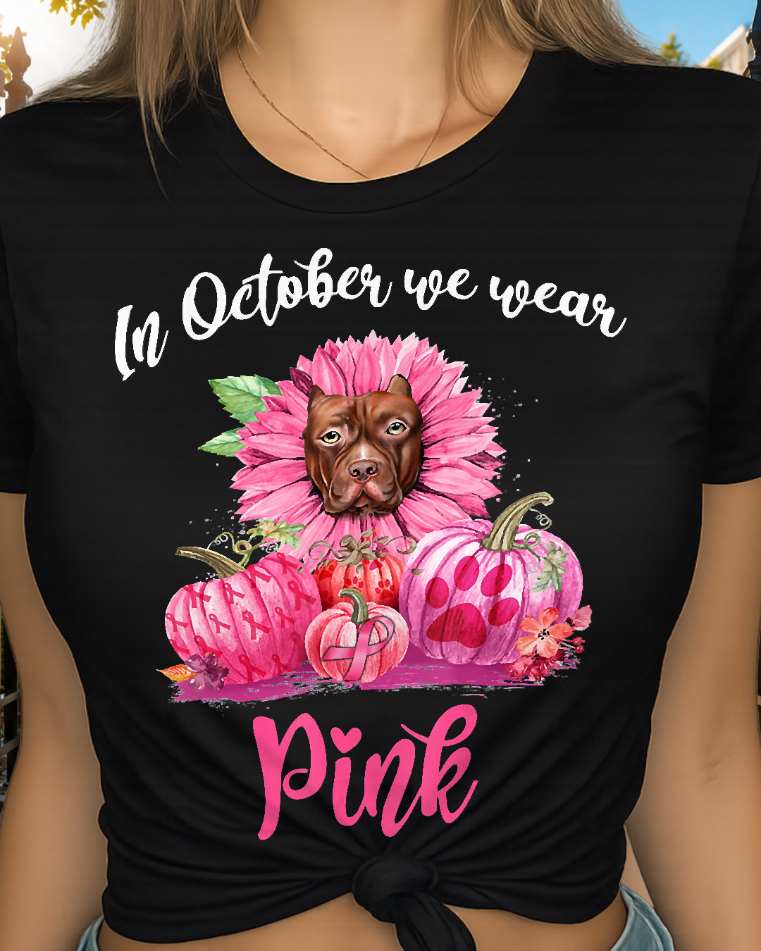 D5-In October We Wear Pink Pitbull Pumpkins Breast Cancer Funny Dog Animal Lovers Essential T-Shirt