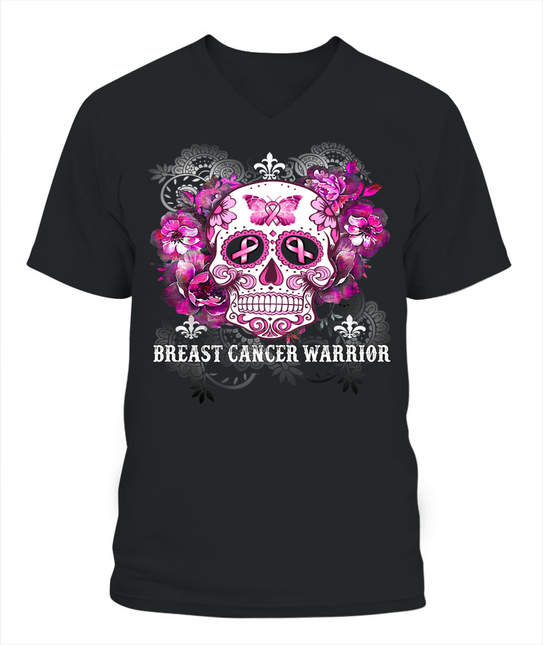 H5 - Breast Cancer Warrior Skull Flower Cancer Survivor Awareness T-Shirt