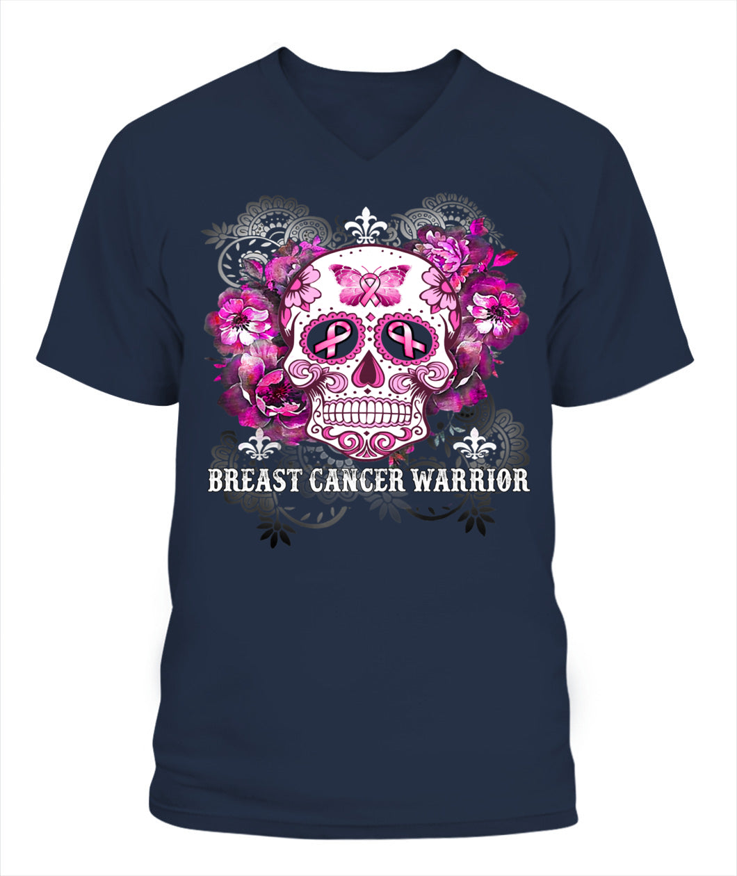 H5 - Breast Cancer Warrior Skull Flower Cancer Survivor Awareness T-Shirt